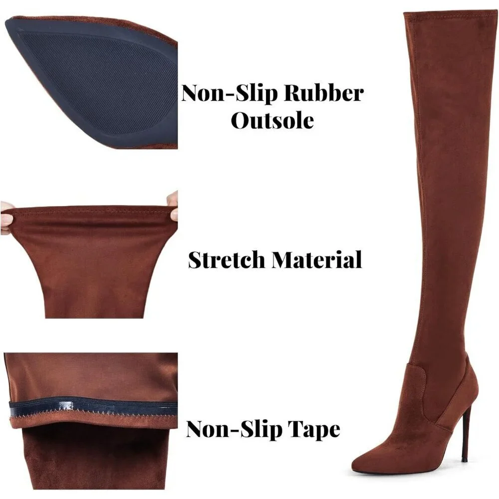 Women Brown Suede Pointed Toe 4.3 inch Stilettos Thigh High Stretch Heels Boots